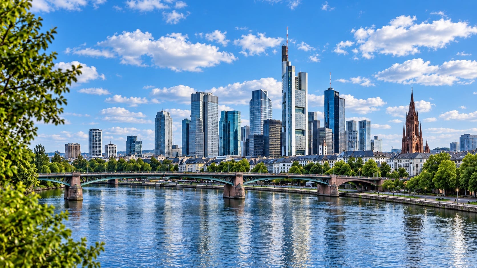 Skyline von Frankfurt am Main bei Sonnenuntergang über dem Main